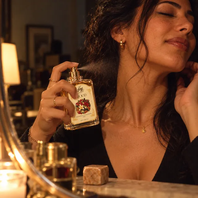 A woman spraying Mood on her neck at her mirror