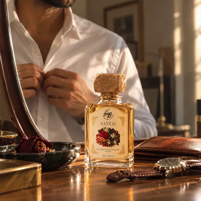 Santal on a dresser while a man buttons his shirt