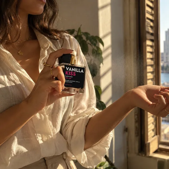 A woman spraying Vanilla Kiss on her wrist by a sunny window